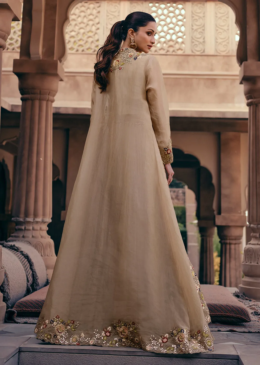 Tempting Beige Embroidered Designer Indo Western Dress