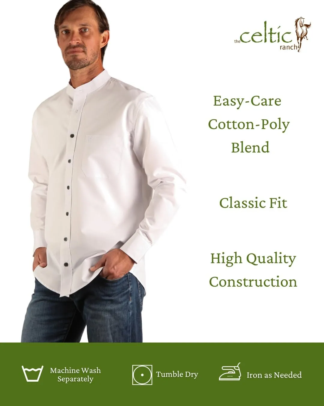 Traditional Irish Grandfather Shirt, Men's Casual Long Sleeve Button Down Poplin Style Dress Shirt with Band Collar