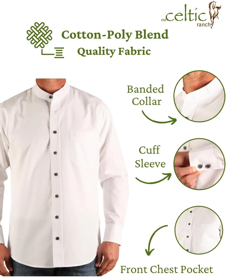 Traditional Irish Grandfather Shirt, Men's Casual Long Sleeve Button Down Poplin Style Dress Shirt with Band Collar