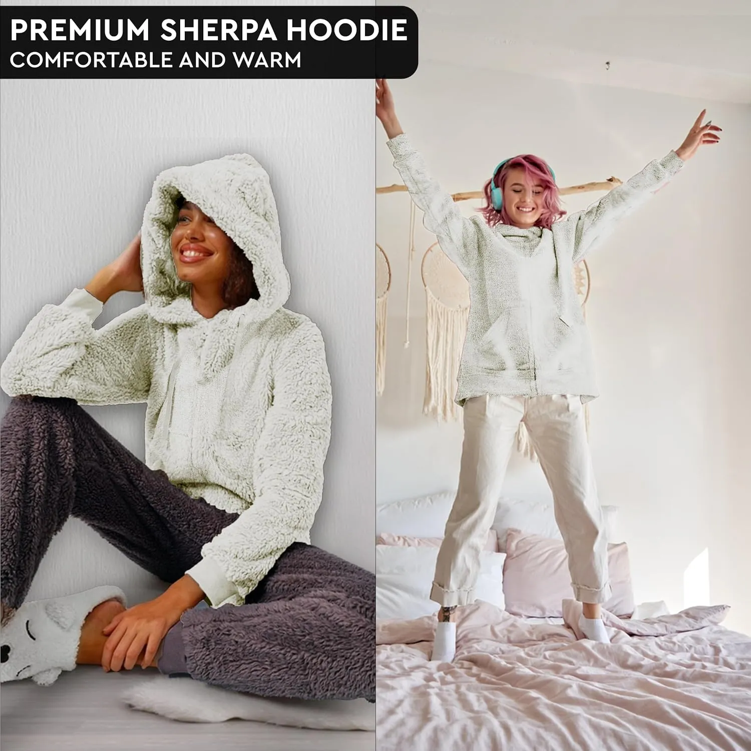 TrailCrest Women's Casual Sherpa Fuzzy Fleece Hoodie Full Zip with Thumb Holes Relaxed Fit