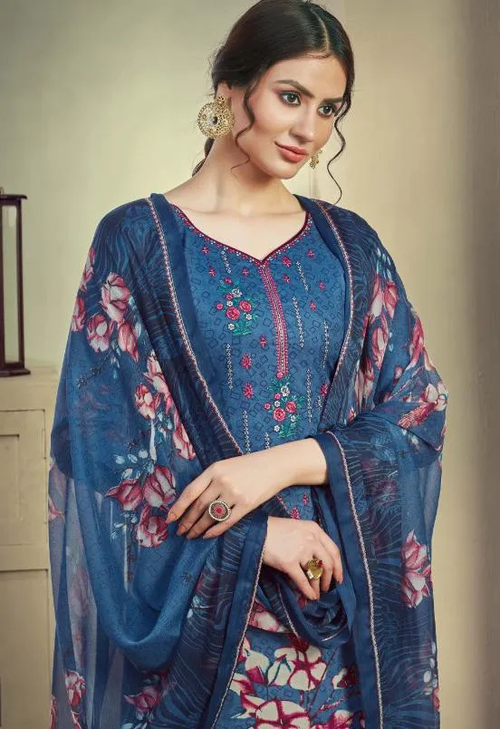 Unstitched Dark Blue Cotton Embroidery Suits Dress Material