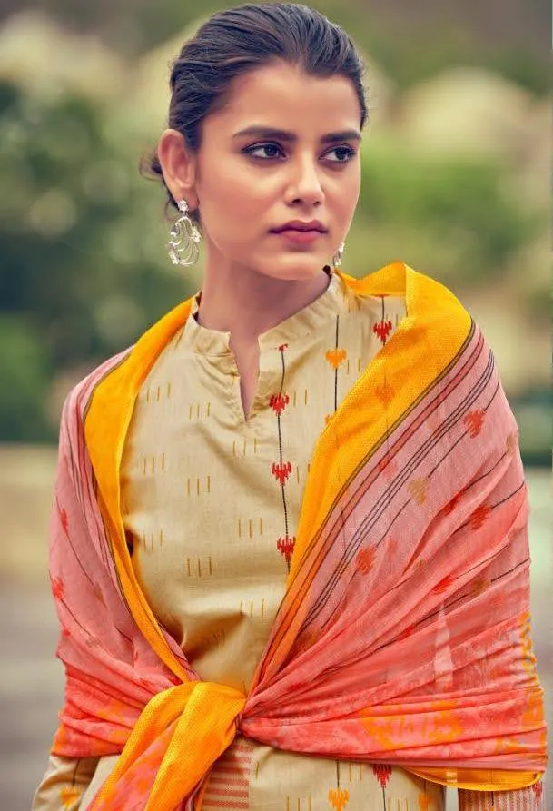 Unstitched Lawn Cotton Pakistani Suits Beige Dress Material