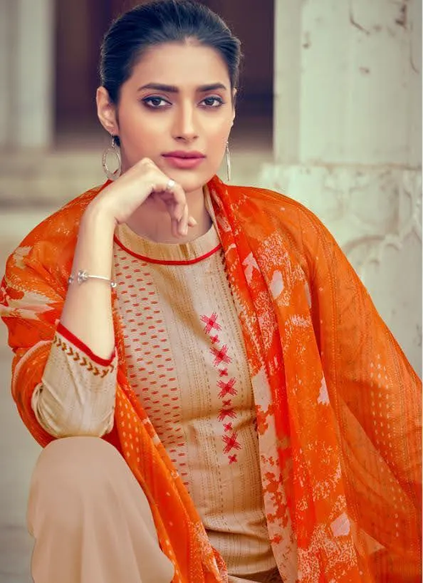 Unstitched Lawn Cotton Pakistani Suits Brown Dress Material