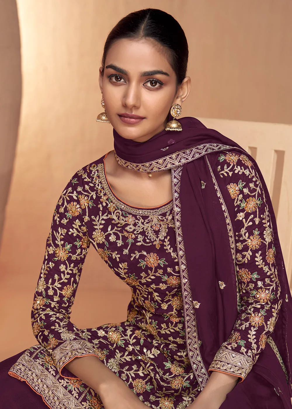 Wine Real Chinnon Embroidered Wedding Festive Palazzo Suit