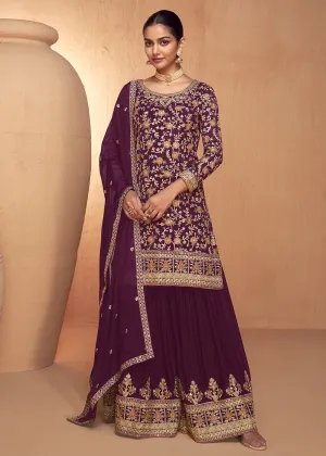 Wine Real Chinnon Embroidered Wedding Festive Palazzo Suit