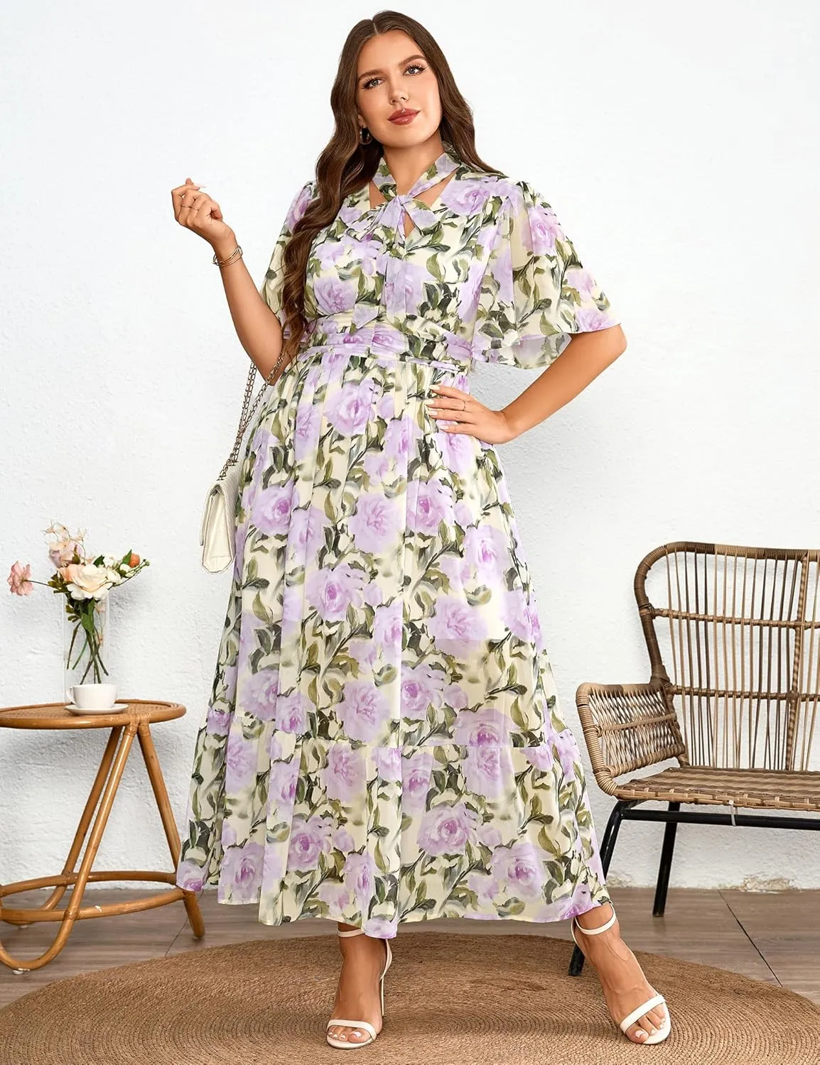 Women's 2025 Floral Summer Dress Smocked V Neck Boho Plus Size Beach Party Wedding Guest Ruffle Long Dresses
