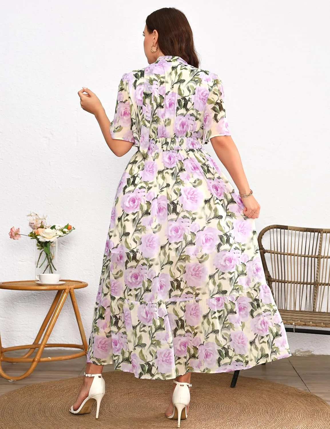 Women's 2025 Floral Summer Dress Smocked V Neck Boho Plus Size Beach Party Wedding Guest Ruffle Long Dresses