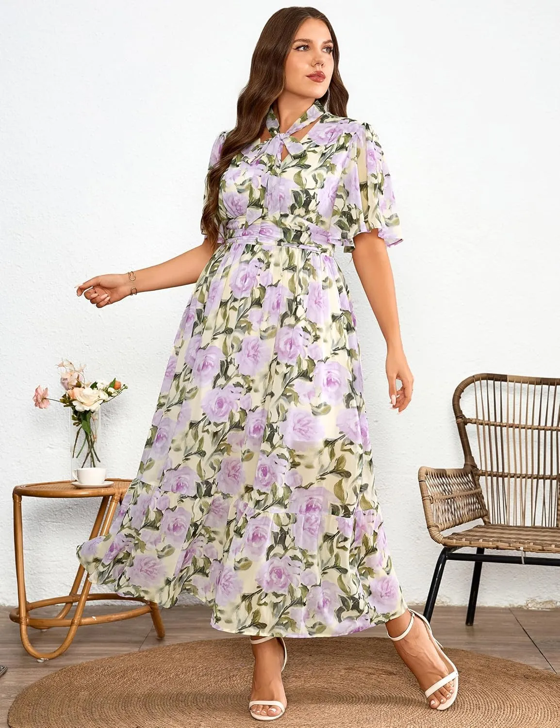 Women's 2025 Floral Summer Dress Smocked V Neck Boho Plus Size Beach Party Wedding Guest Ruffle Long Dresses