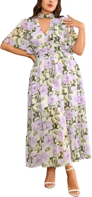 Women's 2025 Floral Summer Dress Smocked V Neck Boho Plus Size Beach Party Wedding Guest Ruffle Long Dresses