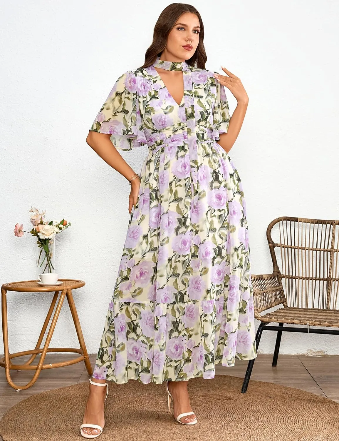 Women's 2025 Floral Summer Dress Smocked V Neck Boho Plus Size Beach Party Wedding Guest Ruffle Long Dresses