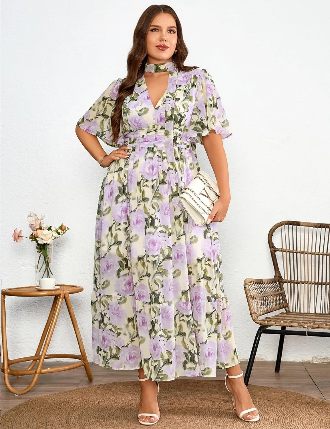 Women's 2025 Floral Summer Dress Smocked V Neck Boho Plus Size Beach Party Wedding Guest Ruffle Long Dresses