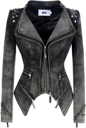 Women's classic denim jacket personalized rivet punk dovetail Motorcycle Jacket