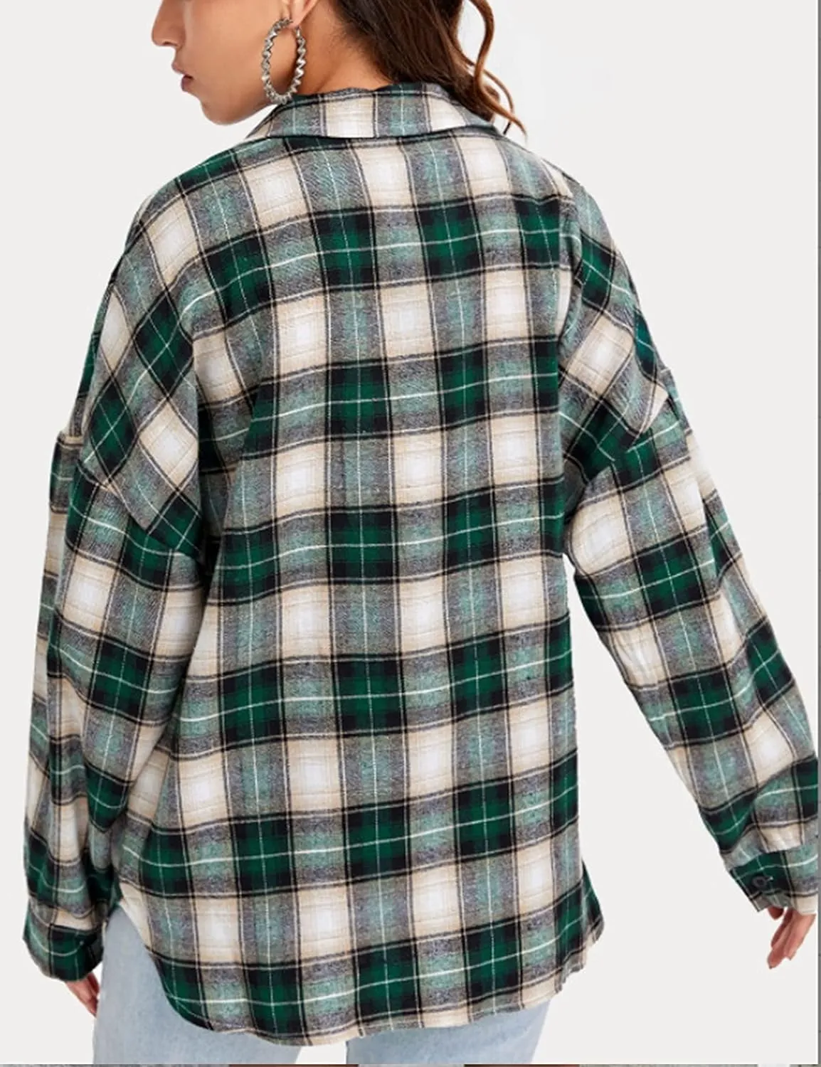 Womens Classic Plaid Shirt Long Sleeve Cotton Button Down Up Shirts Stylish Oversized Loose Fit Blouse V Neck Tops