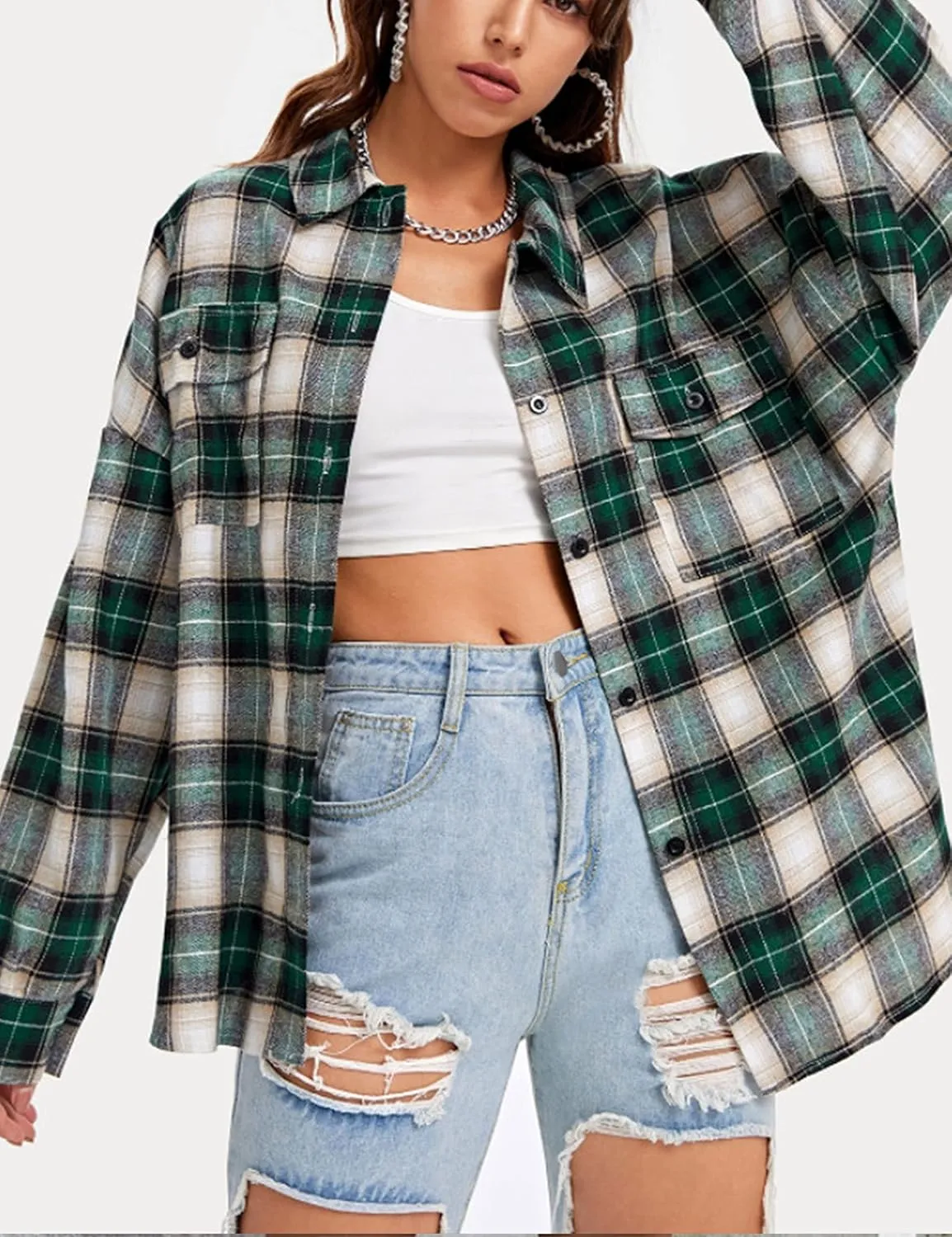 Womens Classic Plaid Shirt Long Sleeve Cotton Button Down Up Shirts Stylish Oversized Loose Fit Blouse V Neck Tops