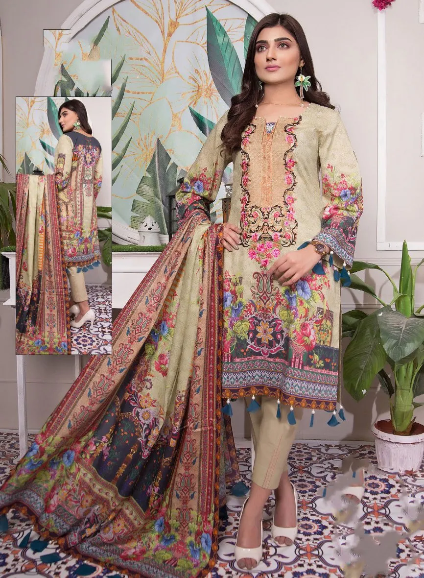 Women's Cotton Light Brown Pakistani Unstitched Suit Dress Material