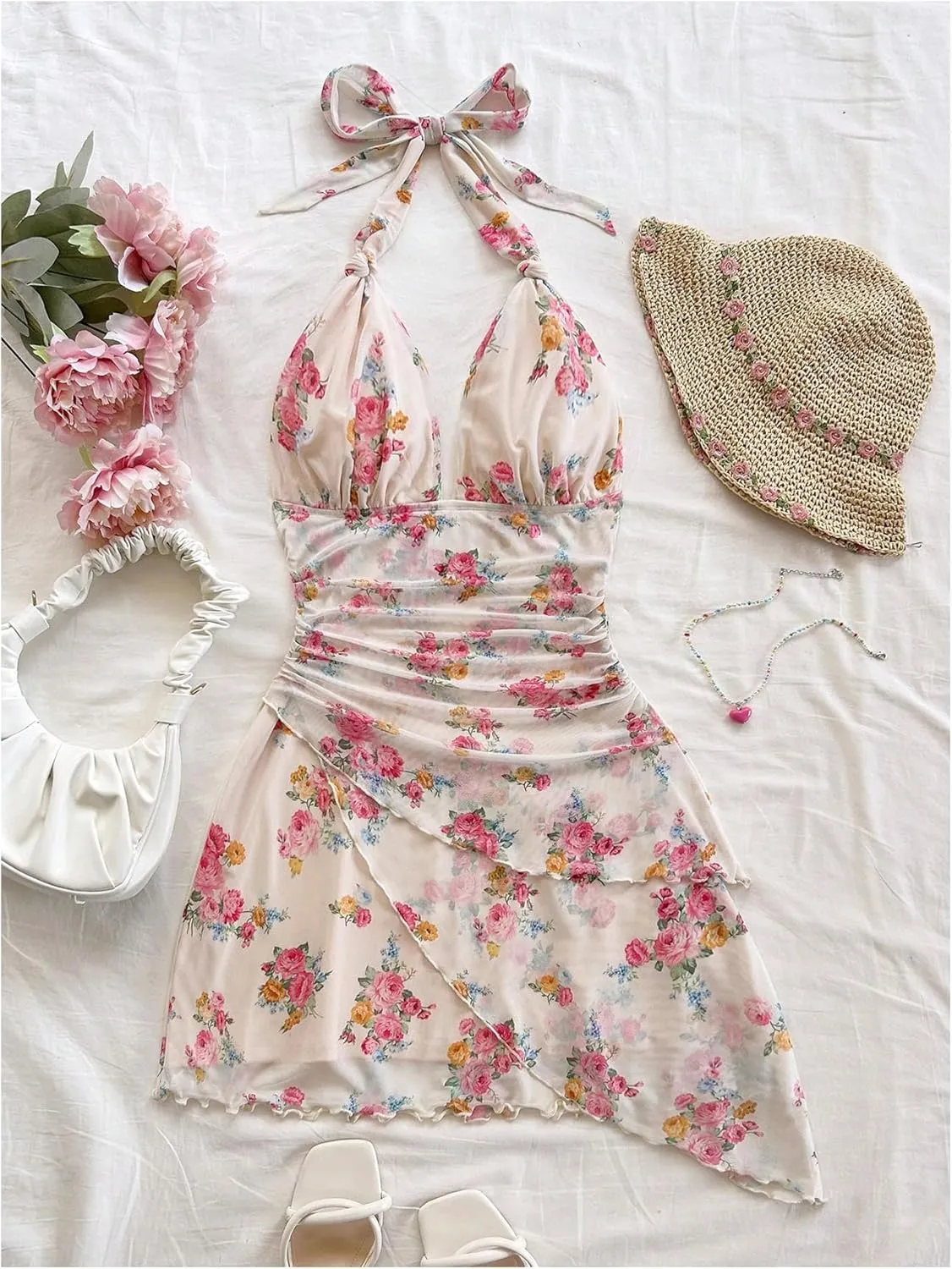 Women's Floral Print Sleeveless Halter Deep V Tie Mini Dress Ruched Backless Slim Fit Cami Dresses Knot Boho Dress