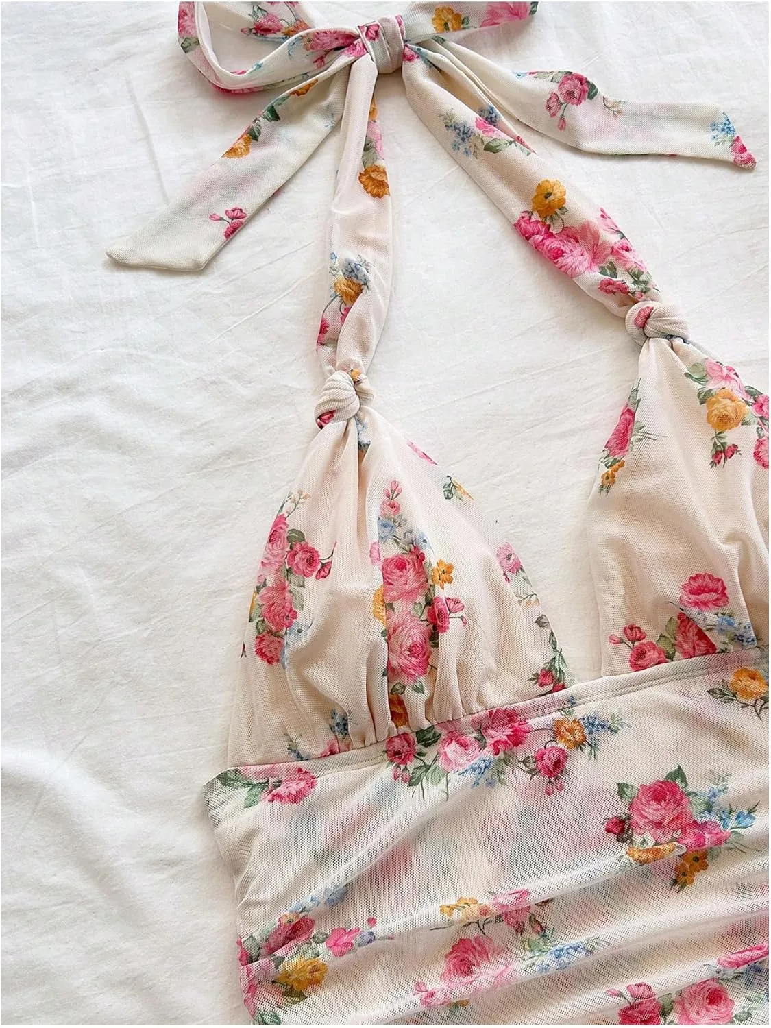 Women's Floral Print Sleeveless Halter Deep V Tie Mini Dress Ruched Backless Slim Fit Cami Dresses Knot Boho Dress