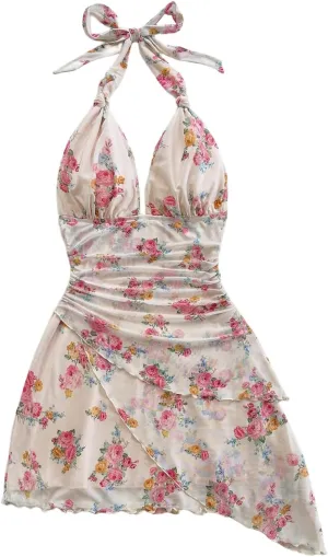 Women's Floral Print Sleeveless Halter Deep V Tie Mini Dress Ruched Backless Slim Fit Cami Dresses Knot Boho Dress