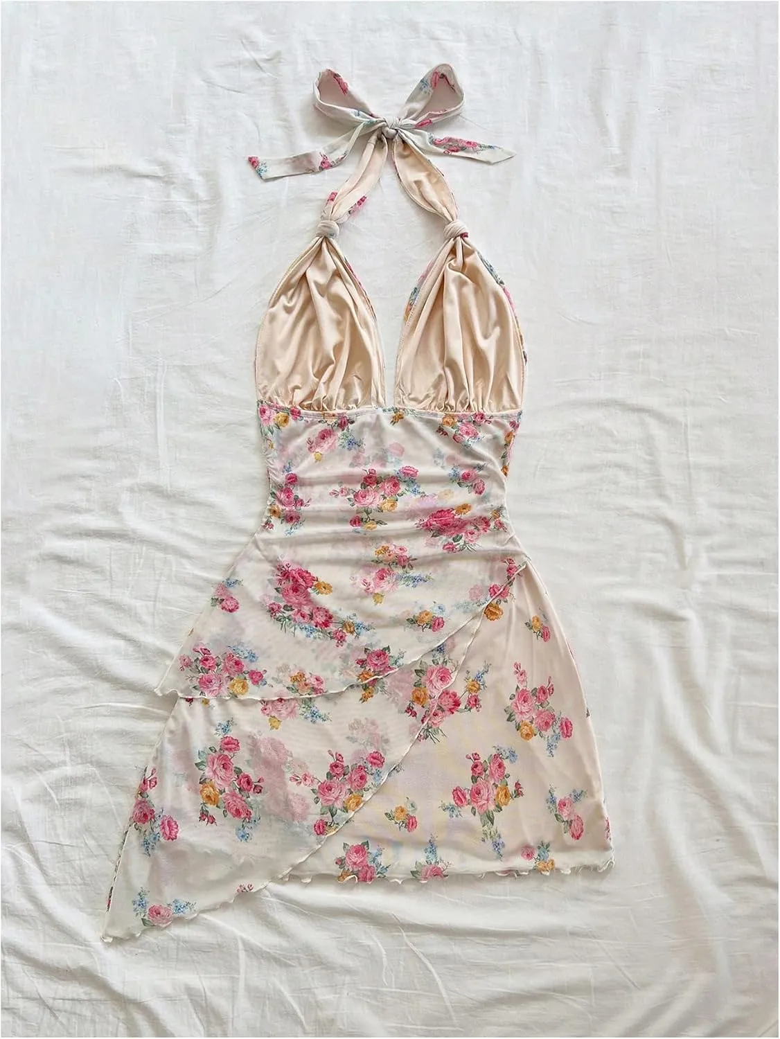 Women's Floral Print Sleeveless Halter Deep V Tie Mini Dress Ruched Backless Slim Fit Cami Dresses Knot Boho Dress