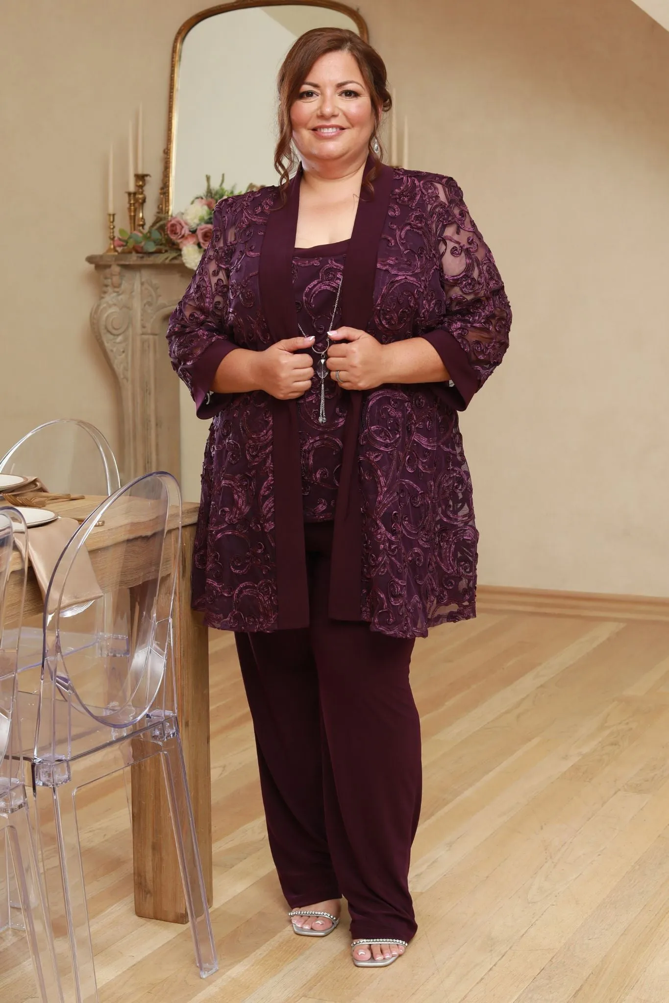Women's Petite Sequin Jacket Relaxed-Fit Pant Set