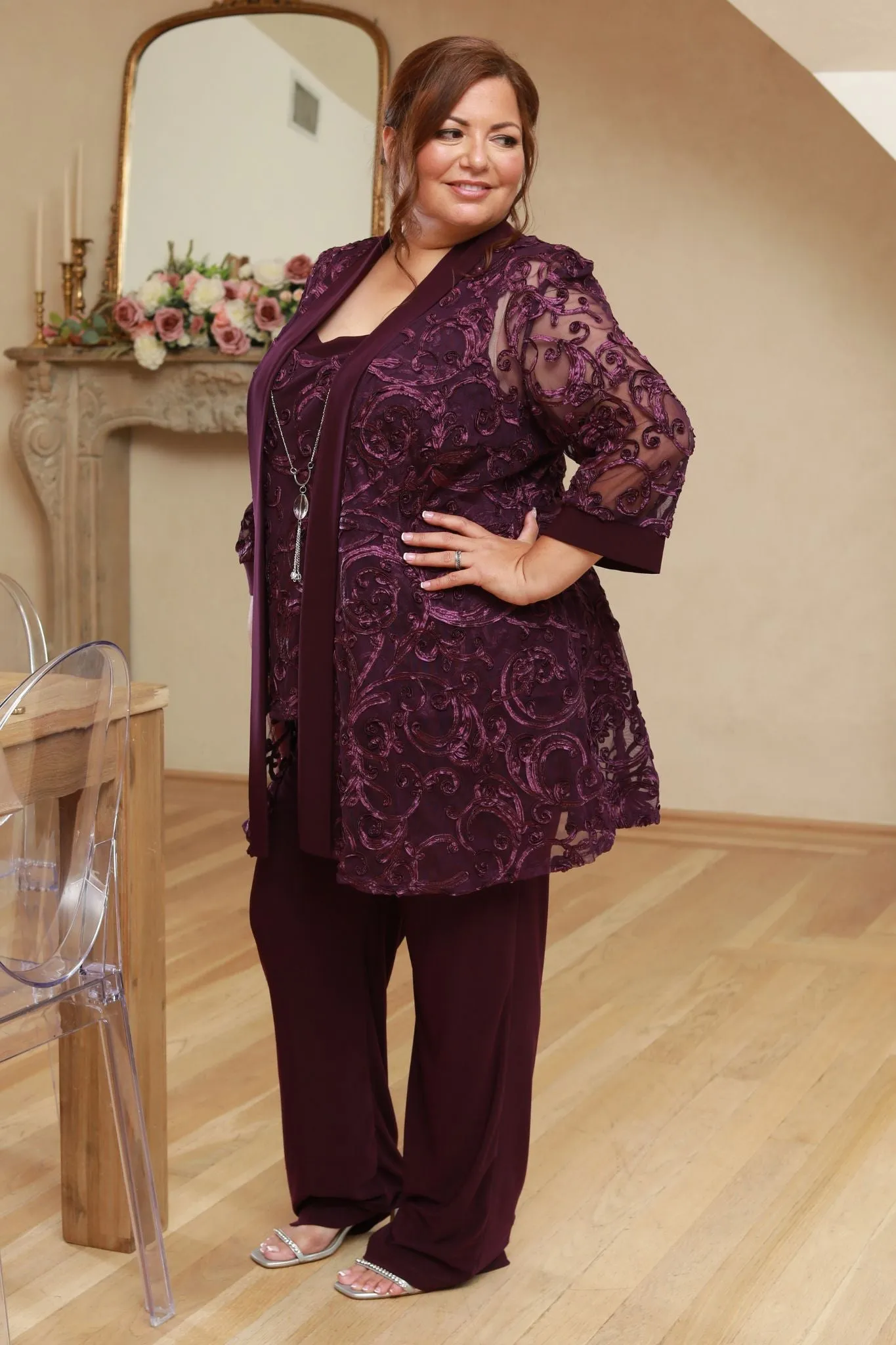 Women's Petite Sequin Jacket Relaxed-Fit Pant Set