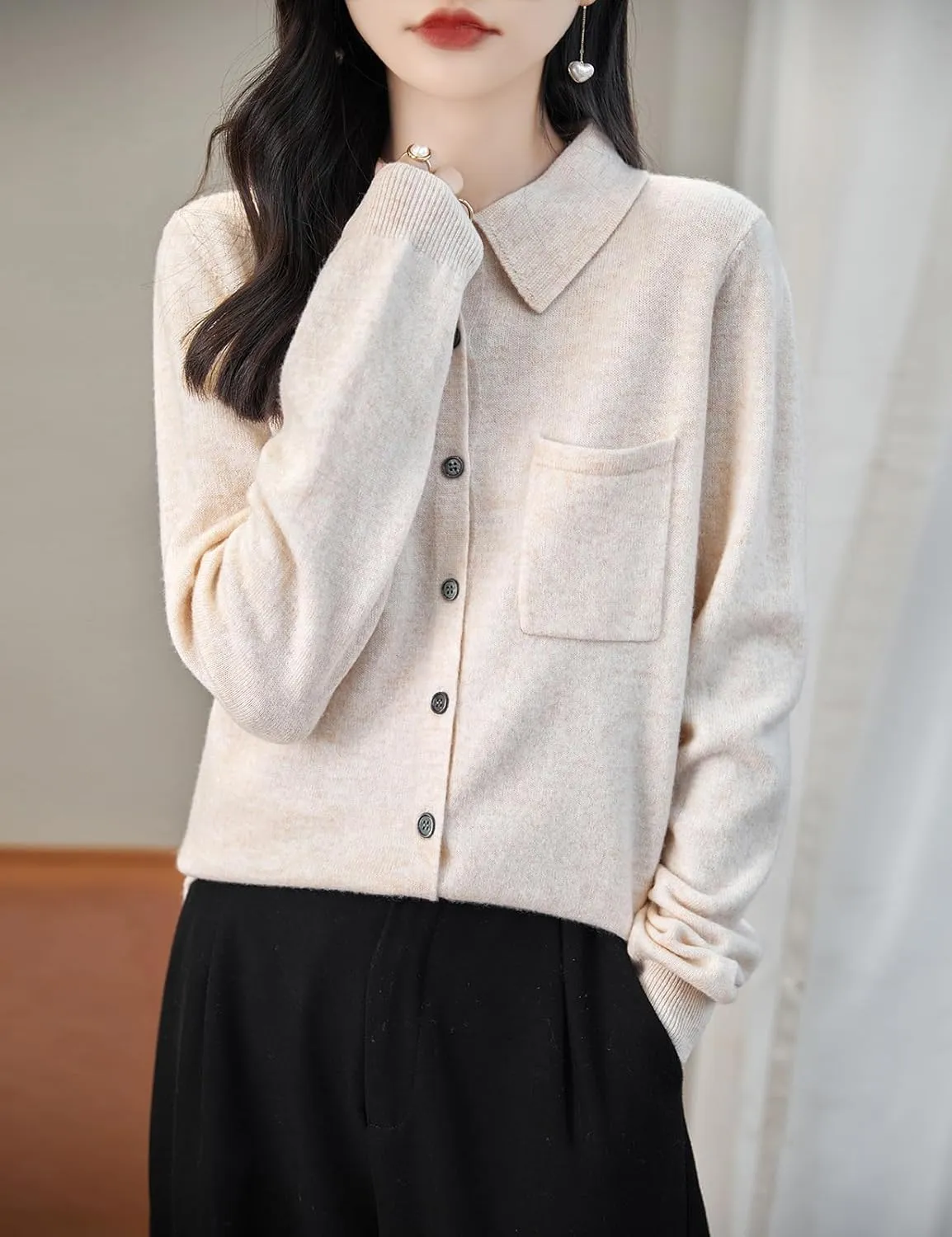 Women's Polo Neck 100% Merino Wool Sweater 2025 Spring Basic Long Sleeve Knitted Cardigan Sweater with Pocket