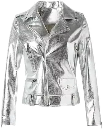 Women's Silver Metallic Faux Leather Fashion Moto Jacket/Metallic Faux Leather Biker Jacket for Women, Handmade Jacket Coat