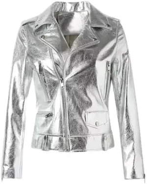 Women's Silver Metallic Faux Leather Fashion Moto Jacket/Metallic Faux Leather Biker Jacket for Women, Handmade Jacket Coat