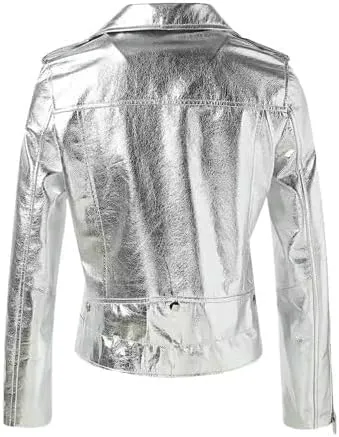 Women's Silver Metallic Faux Leather Fashion Moto Jacket/Metallic Faux Leather Biker Jacket for Women, Handmade Jacket Coat