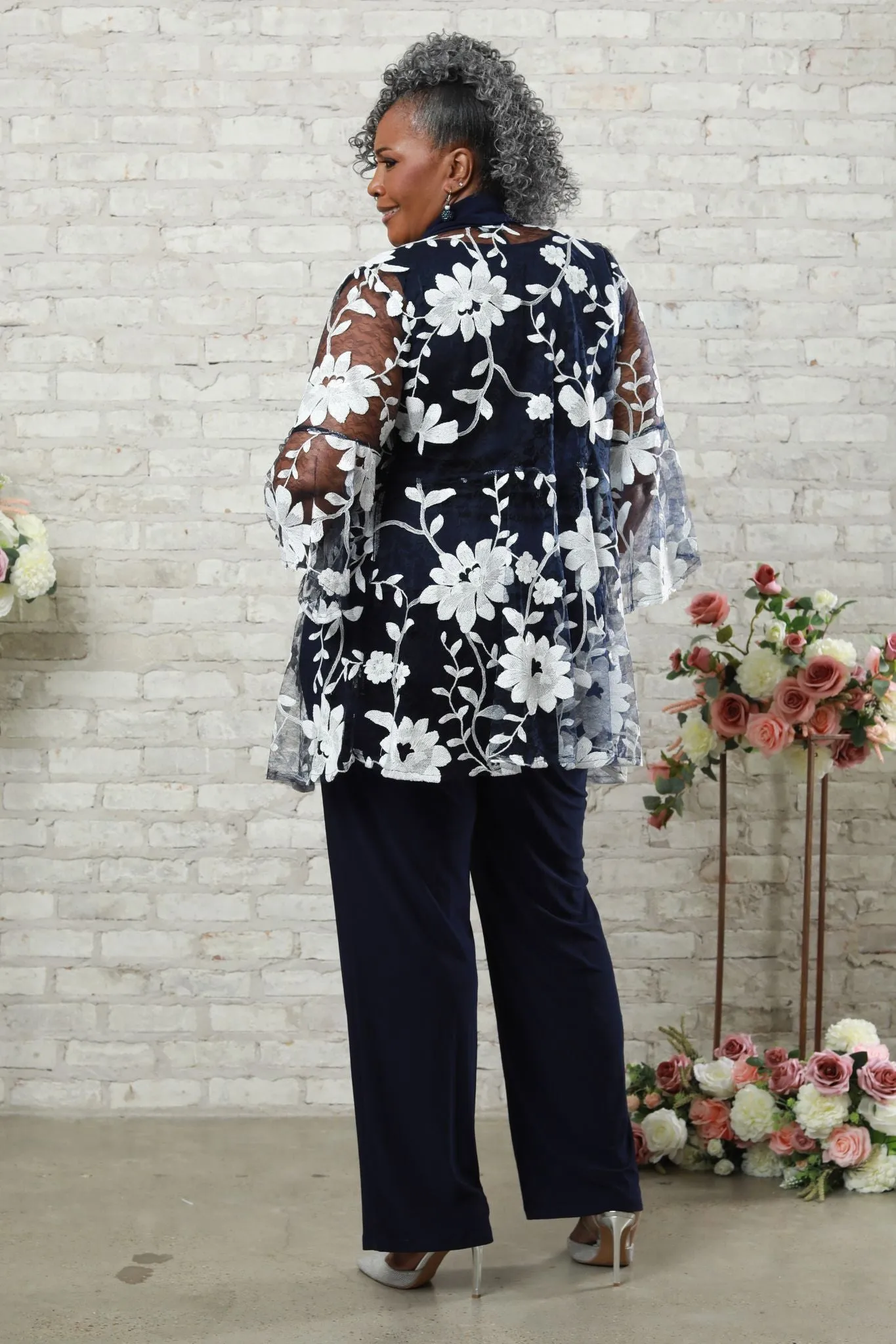 Women's Threadwork Floral Pantsuit with Sheer Bell Sleeves