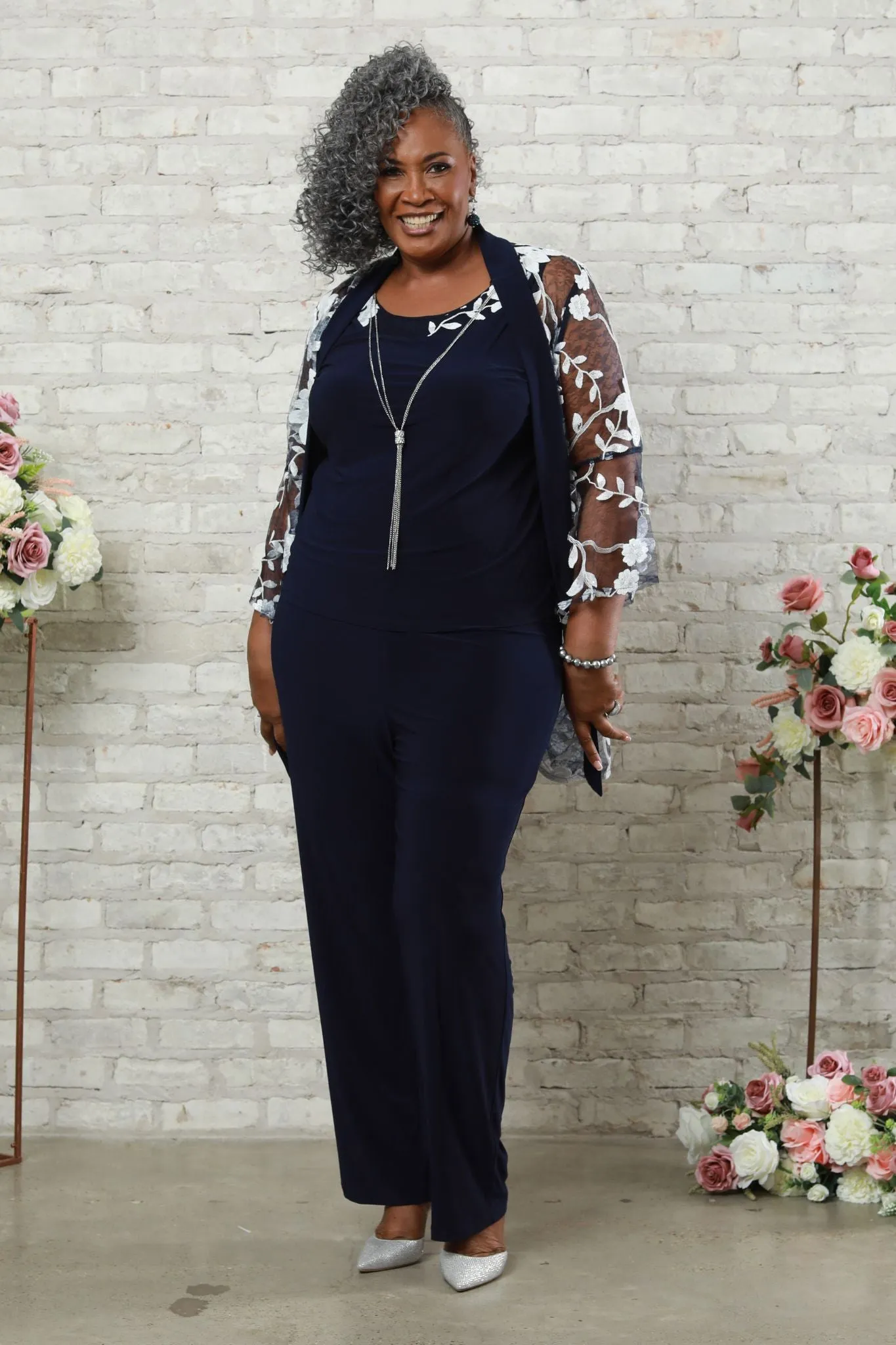 Women's Threadwork Floral Pantsuit with Sheer Bell Sleeves