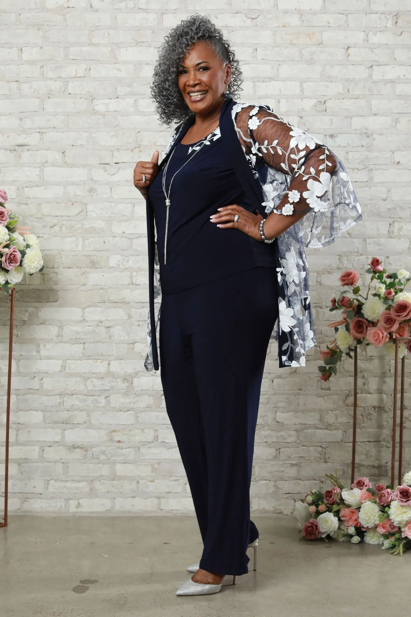 Women's Threadwork Floral Pantsuit with Sheer Bell Sleeves