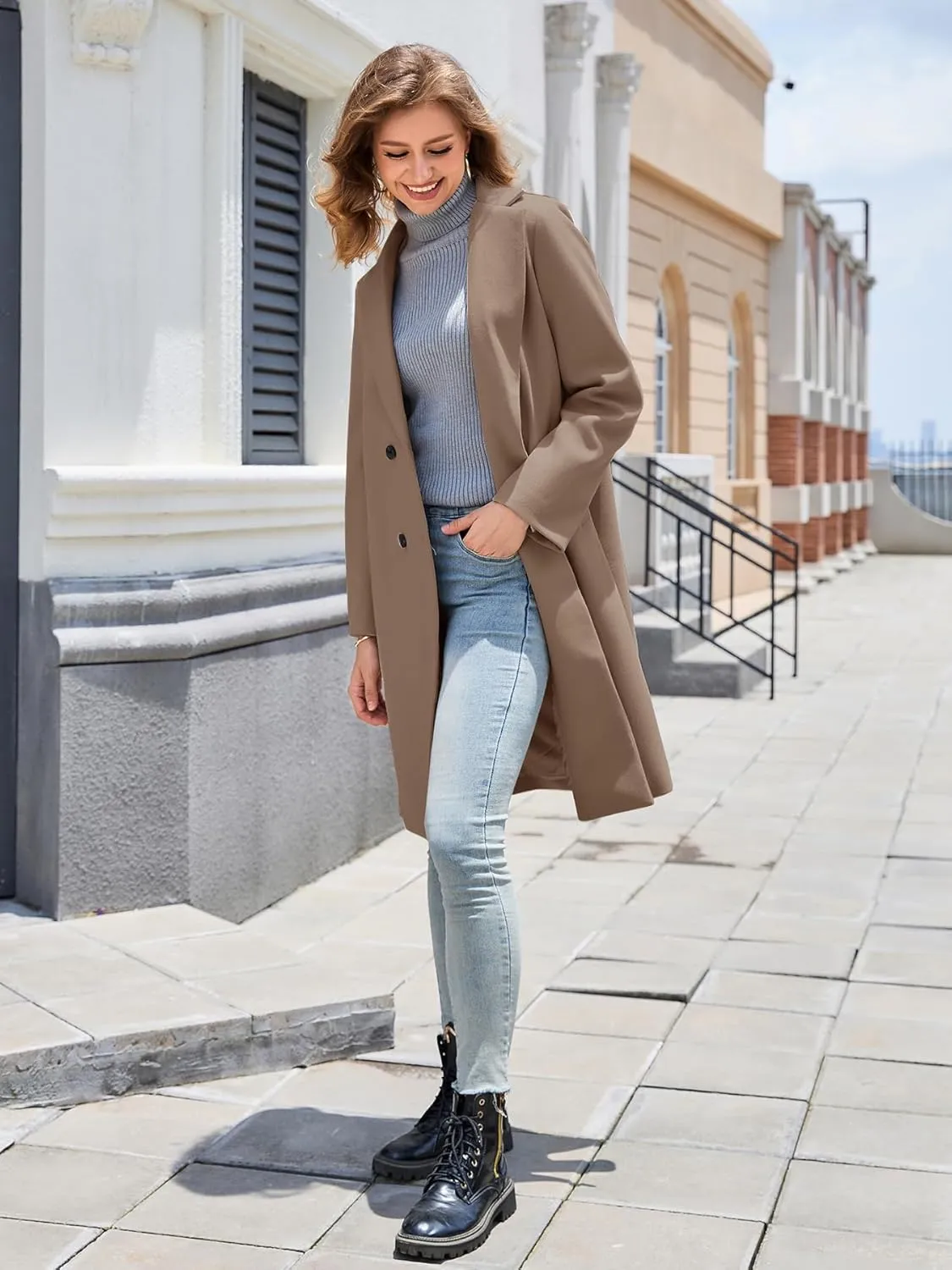 Women's Winter Pea Coat Notch Laple Double Breasted Casual Wool Blend Trench Coats