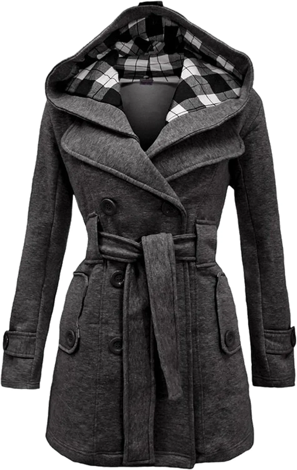 YMING Womens Winter Double Breasted Pea Coat Warm Wool Blend Trench Coat Hooded Plaid Outwear with Belt