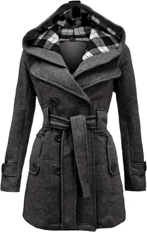 YMING Womens Winter Double Breasted Pea Coat Warm Wool Blend Trench Coat Hooded Plaid Outwear with Belt