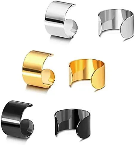 YZstyle High Polished Stainless Steel Punk Rock Ear Cuffs Helix Cartilage Clip on Wrap Punk Earrings for Women Men Non Piercing Adjustable (3 Pairs (Silver Gold Black) E050)