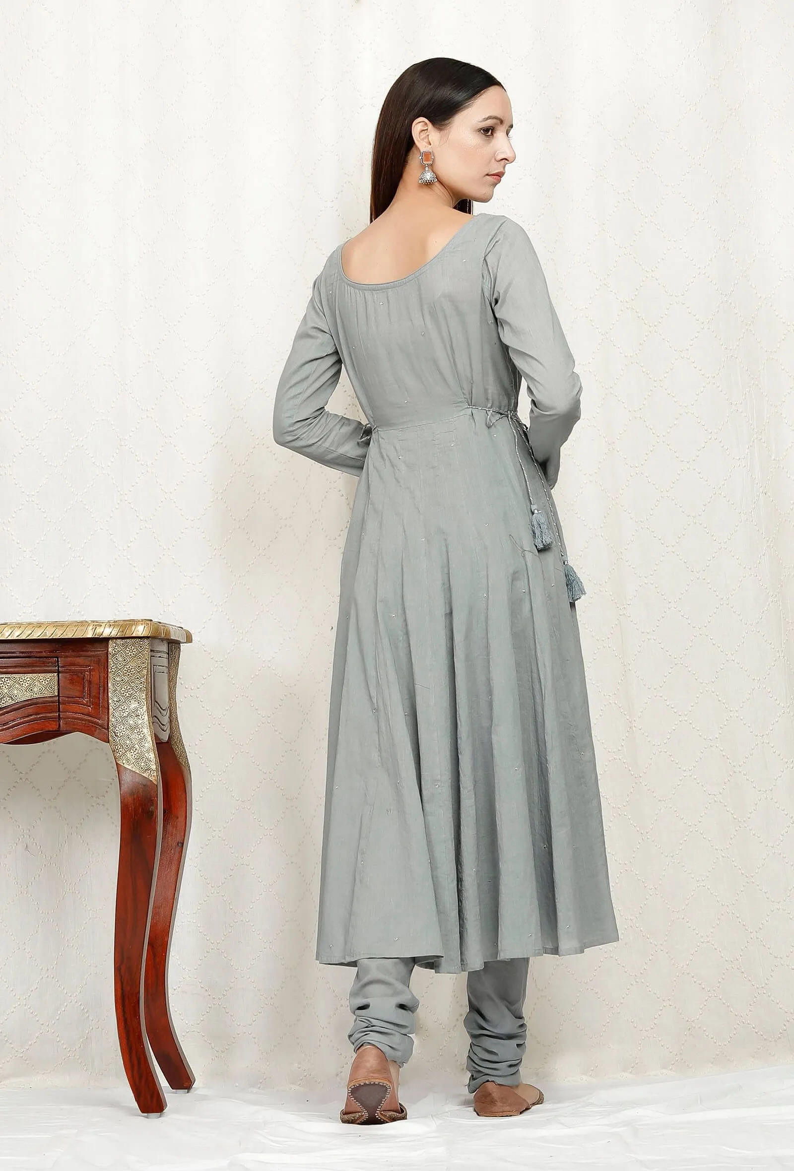 Zari Embroidered Grey Cotton Kurta
