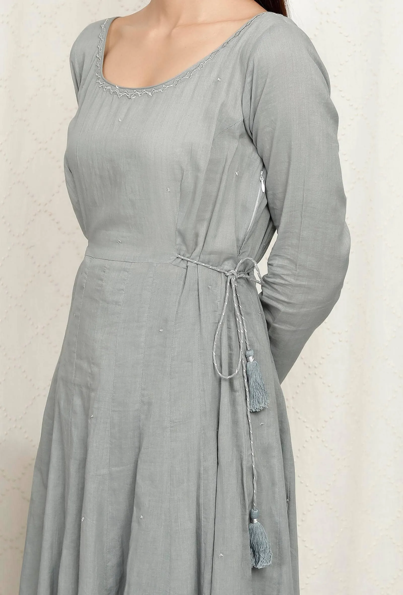 Zari Embroidered Grey Cotton Kurta