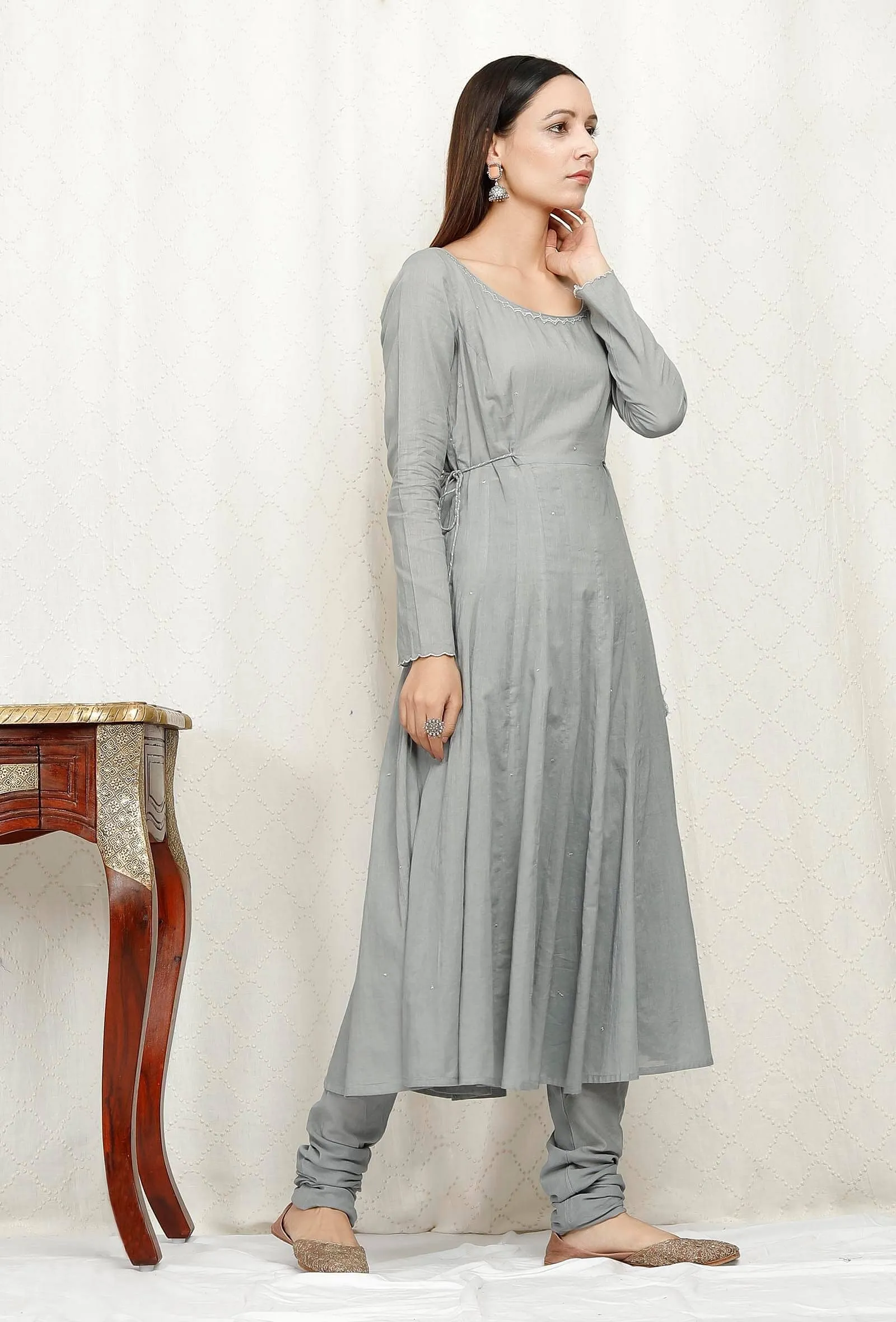 Zari Embroidered Grey Cotton Kurta