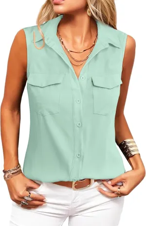 Zeagoo Sleeveless Button Down Shirt for Women Casual V Neck Blouses Solid Collared Tops Summer Dressy Shirts