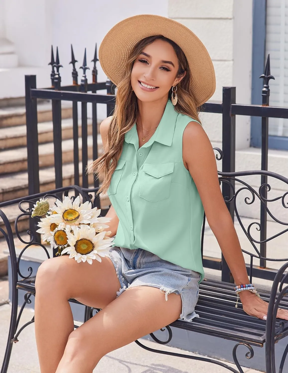 Zeagoo Sleeveless Button Down Shirt for Women Casual V Neck Blouses Solid Collared Tops Summer Dressy Shirts